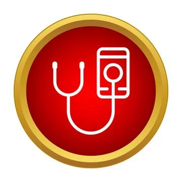 Stethoscope connected to a smartphone screen on a red and gold button Stock Illustration