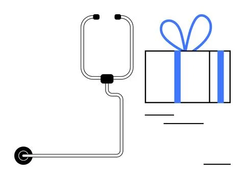 Stethoscope connected to a wrapped gift box with blue ribbon Stock Illustration