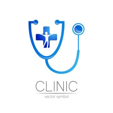 Stethoscope with cross and man vector logotype in blue color. Medical symbol for Stock Illustration
