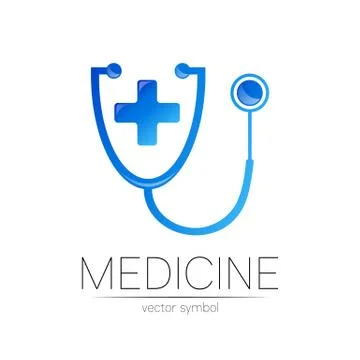 Stethoscope with cross vector logotype in blue color. Medical symbol for doctor Illustrazione stock