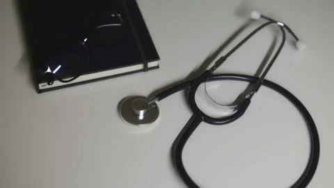 Stethoscope, diary, glasses lie on the table. Top view, flat lay Video stock 244599322