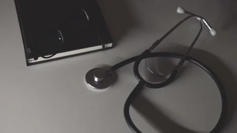 Stethoscope, diary, glasses lie on a white background. Top view, flat lay Stock Footage 244599350