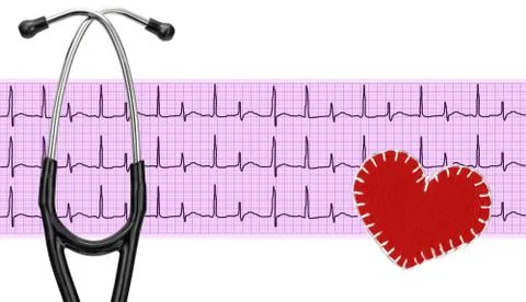 Stethoscope, electrocardiogram graph (ECG) and textile heart Фото