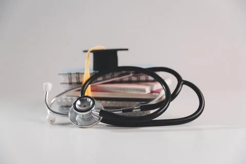 Stethoscope with graduation cap and study books on desk, representing medic.. Stock Photos