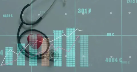 Stethoscope with heart sitting on gray table, charts fading in over loop showing Stock Footage 330508859