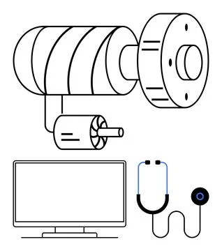 Stethoscope, high-tech camera, and computer monitor highlighting technologica Illustrazione stock