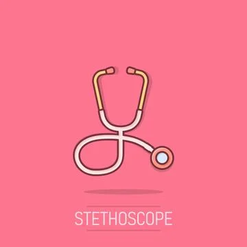 Stethoscope icon in comic style. Heart diagnostic cartoon vector illustrati.. Stock Illustration