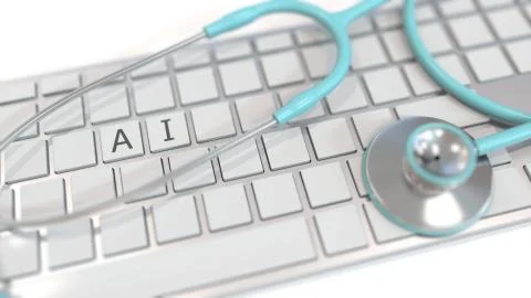 Stethoscope on keyboard with AI or Artificial Intelligence text. Modern medicine Stock Illustration