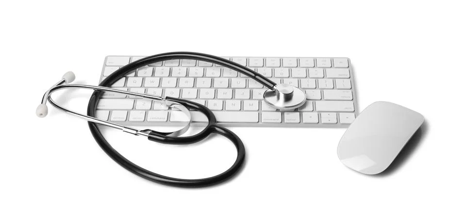 Stethoscope, keyboard and computer mouse on white background 스톡 사진