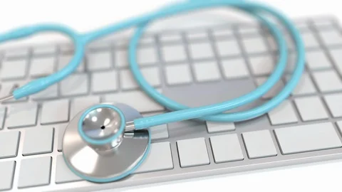 Stethoscope on keyboard with PHARMA text. Modern medicine related conceptual 3D 스톡 동영상 124334000