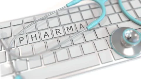 Stethoscope on keyboard with PHARMA text. Modern medicine related conceptual 3D Stock Illustration
