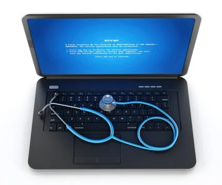 Stethoscope on laptop computer with a blue screen error on the display Stock Illustration