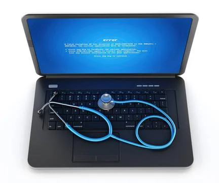 Stethoscope on laptop computer with a blue screen error on the display Ste... Stock Photos