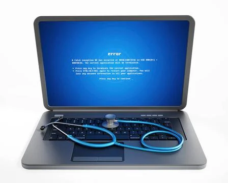 Stethoscope on laptop computer with a blue screen error on the display Ste... Stock Photos