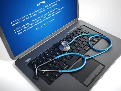 Stethoscope on laptop computer with a blue screen error on the display Ste... Stock Photos