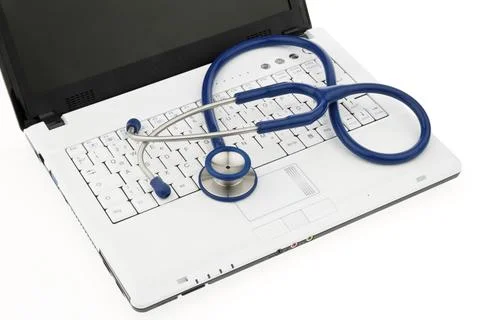 Stethoscope on laptop computer. Security for data on the Internet Austria 스톡 사진