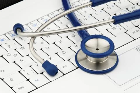 Stethoscope on laptop computer. Security for data on the Internet Austria 스톡 사진