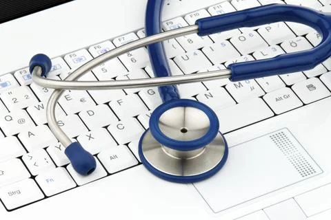 Stethoscope on laptop computer. Security for data on the Internet 스톡 사진