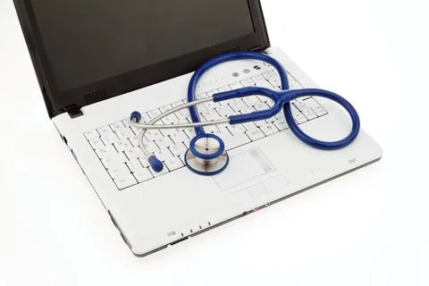 Stethoscope on laptop computer. Security for data on the Internet 스톡 사진
