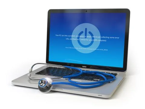 Stethoscope on laptop keyboard with error message on the screen. Computer d.. Stock Illustration