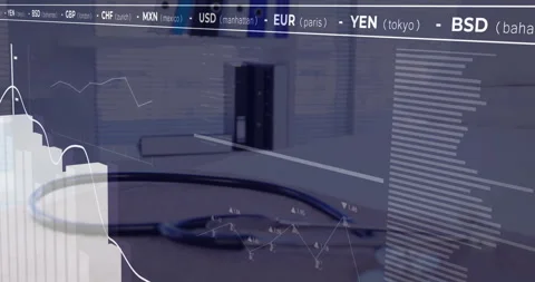 Stethoscope lying on desktop, floating financial charts blending with currency Stock Footage 309095311