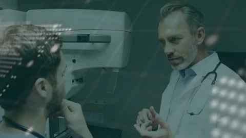 Stethoscope MD starting talking pointing scanner, teaching trainee while overlay 스톡 동영상 329785791