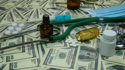 Stethoscope with medicaments on the table Video stock 89452628