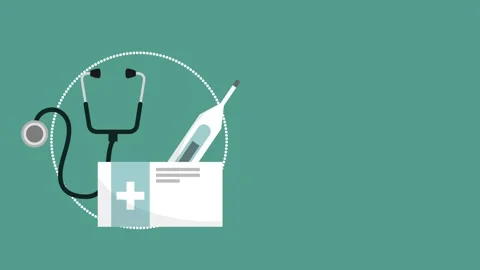 Stethoscope, medication box, and thermometer appear in a medical-themed ani.. Stock-Footage 339061650