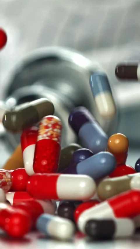 Stethoscope with mixed capsules on examination table Filmed on a high-speed Stock Footage 335396614