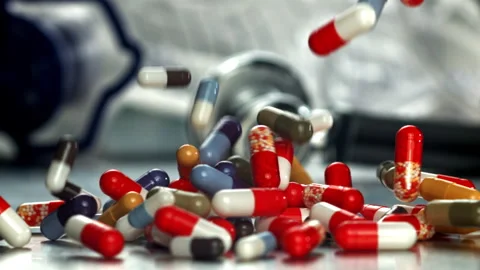 Stethoscope with mixed capsules on examination table Filmed on a high-speed Stock Footage 335423379