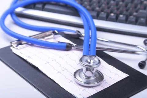 Stethoscope on modern laptop computer. rx prescription. Healthcare concept. Stock Photos