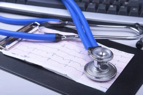 Stethoscope on modern laptop computer. rx prescription. Healthcare concept. Stock Photos