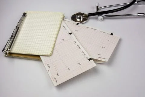 Stethoscope, notepad and electrocardiogram sheets. Cardiologist doctor's desk Stock Photos