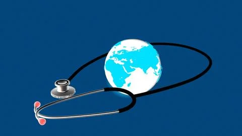 Stethoscope over the globe on blue background イラスト素材