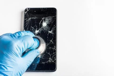 Stethoscope on smartphone - checking security on smartphone 스톡 사진