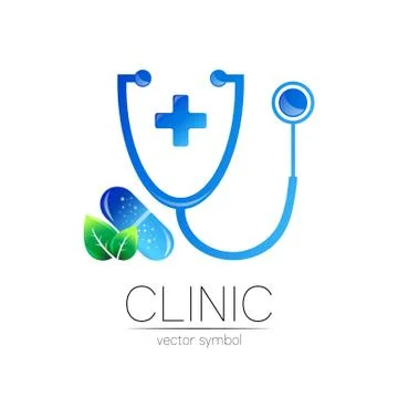 Stethoscope, tablet, green leaf and cross vector logotype in blue color. Medical Stock Illustration