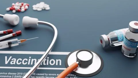 Stethoscope with vaccination test. Concepual 3D rendering Stock-Illustration