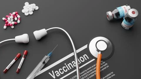 Stethoscope with vaccination test. Concepual 3D rendering Stock-Illustration