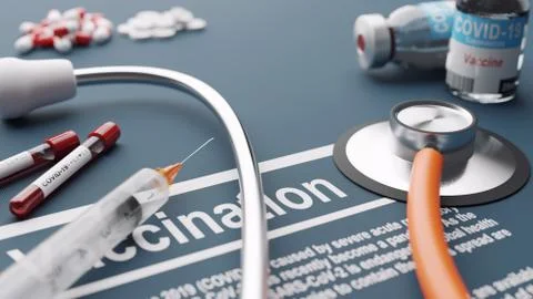 Stethoscope with vaccination test. Concepual 3D rendering Stock-Illustration