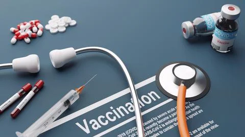 Stethoscope with vaccination test. Concepual 3D rendering Stock-Illustration
