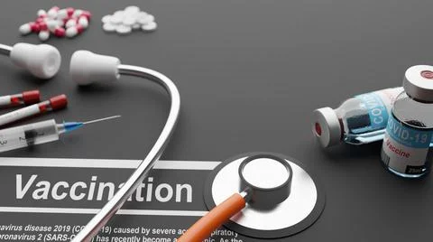 Stethoscope with vaccination test. Concepual 3D rendering Stock-Illustration