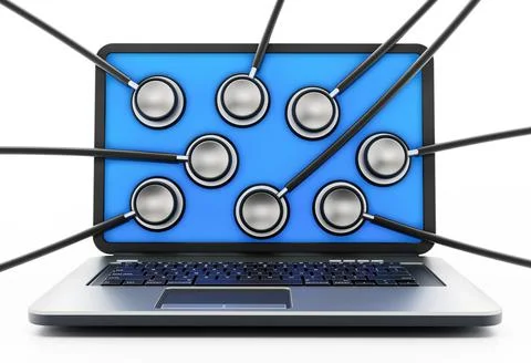 Stethoscopes on the laptop computer screen. 3D illustration Stock-Illustration