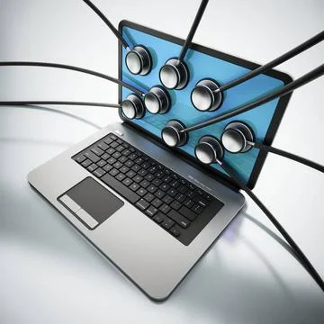 Stethoscopes on the laptop computer screen. 3D illustration Stethoscopes o... Stock Photos