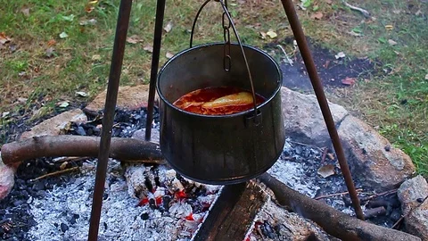 Stew fire cokking in garden Stock Footage 98790217