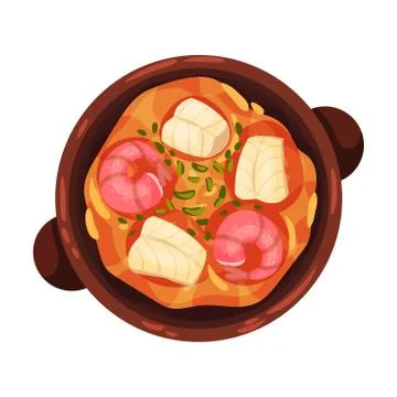 Stew or Boiled Dinner with Seafood Garnished with Herbs as Portuguese Dish View Illustrazione stock