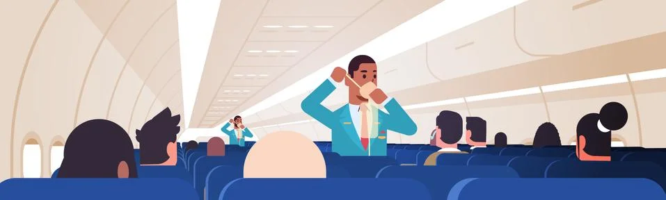 Steward explaining for passengers how to use oxygen mask in emergency situati 库存插图