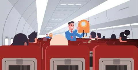 Steward explaining for passengers how to use jacket life vest in emergency si 库存插图