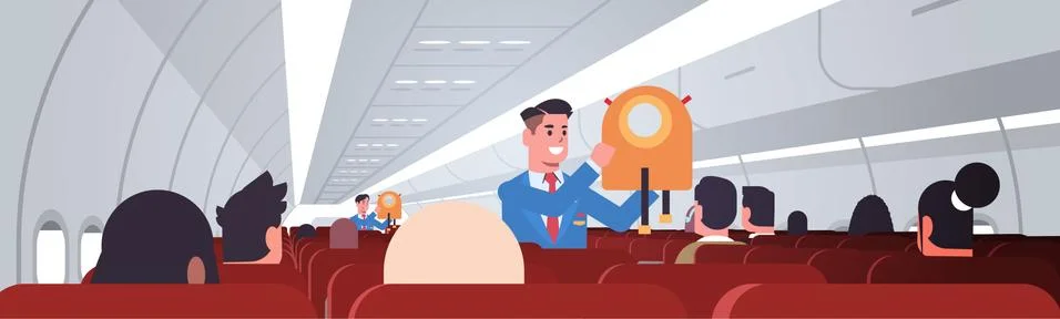 Steward explaining passengers how to use jacket life vest in emergency situat 库存插图