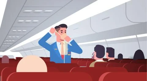 Steward explaining for passengers how to use oxygen mask in emergency situati イラスト素材