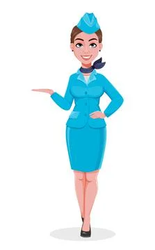 Stewardess in blue uniform presenting something Stock Illustration